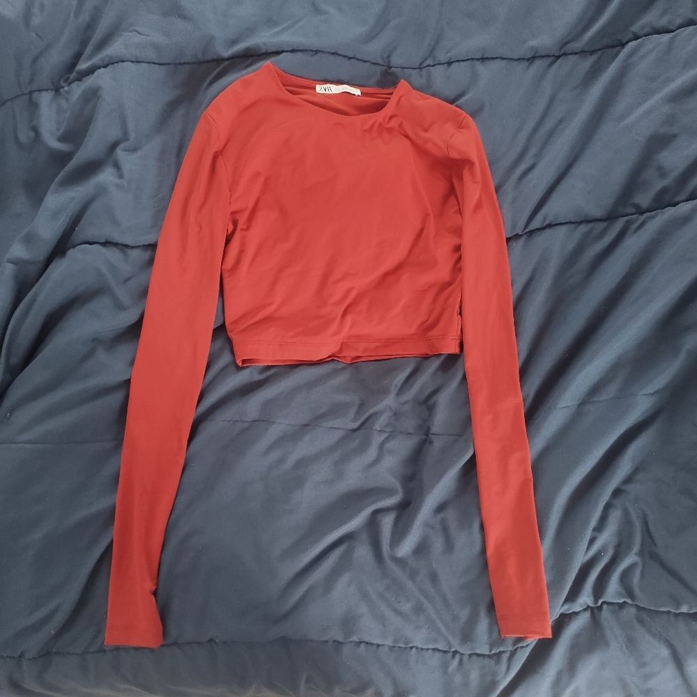 ZARA Bright Red Crop Top Size Small: S (Long Sleeve, Shirt, Blouse, Tight,Short)